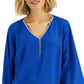 JM Collection Women's Embellished Neck Cross Over Top Blue Size Petite Medium