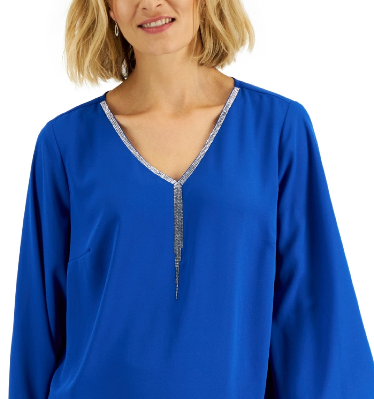 JM Collection Women's Embellished Neck Cross Over Top Blue Size Petite Medium