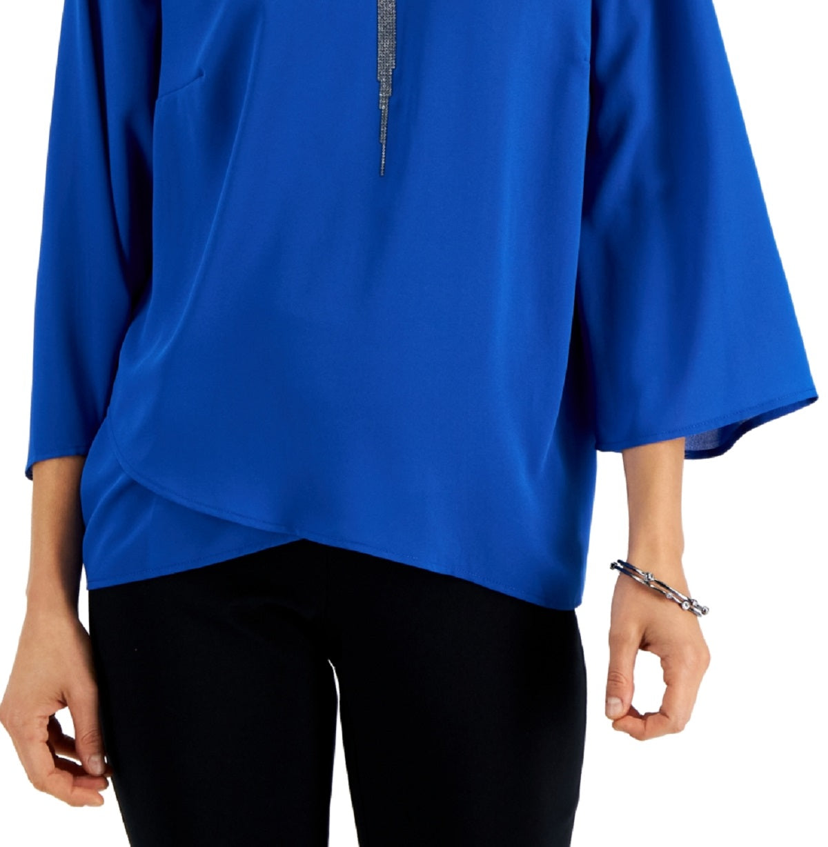 JM Collection Women's Embellished Neck Cross Over Top Blue Size Petite Medium