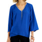 JM Collection Women's Embellished Neck Cross Over Top Blue Size Petite Medium