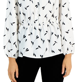 Alfani Women's Smocked Peplum V Neck Blouse White Size Small