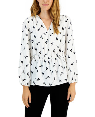 Alfani Women's Smocked Peplum V Neck Blouse White Size Small