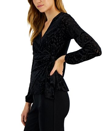 Alfani Women's Velvet Surplice Wrap Top Black Size Small