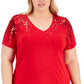 INC International Concepts Women's Sequined T-Shirt Red Size 2X