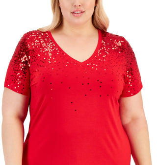 INC International Concepts Women's Sequined T-Shirt Red Size 2X
