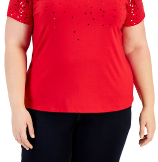 INC International Concepts Women's Sequined T-Shirt Red Size 2X