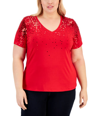 INC International Concepts Women's Sequined T-Shirt Red Size 2X