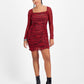 Bar III Women's Checkered Square Neck Mesh Overlay Ruched Mini Dress Red Size X-Large