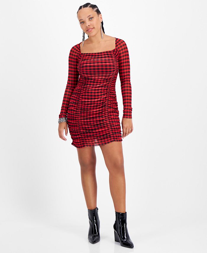 Bar III Women's Checkered Square Neck Mesh Overlay Ruched Mini Dress Red Size X-Large
