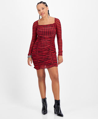Bar III Women's Checkered Square Neck Mesh Overlay Ruched Mini Dress Red Size X-Large