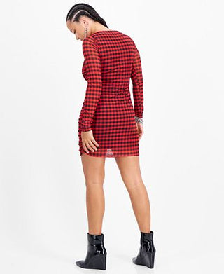 Bar III Women's Checkered Square Neck Mesh Overlay Ruched Mini Dress Red Size X-Large