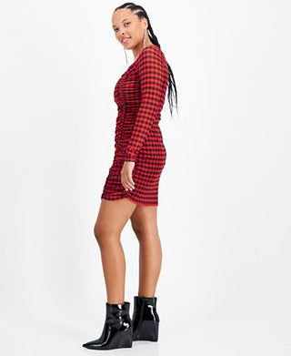 Bar III Women's Checkered Square Neck Mesh Overlay Ruched Mini Dress Red Size X-Large
