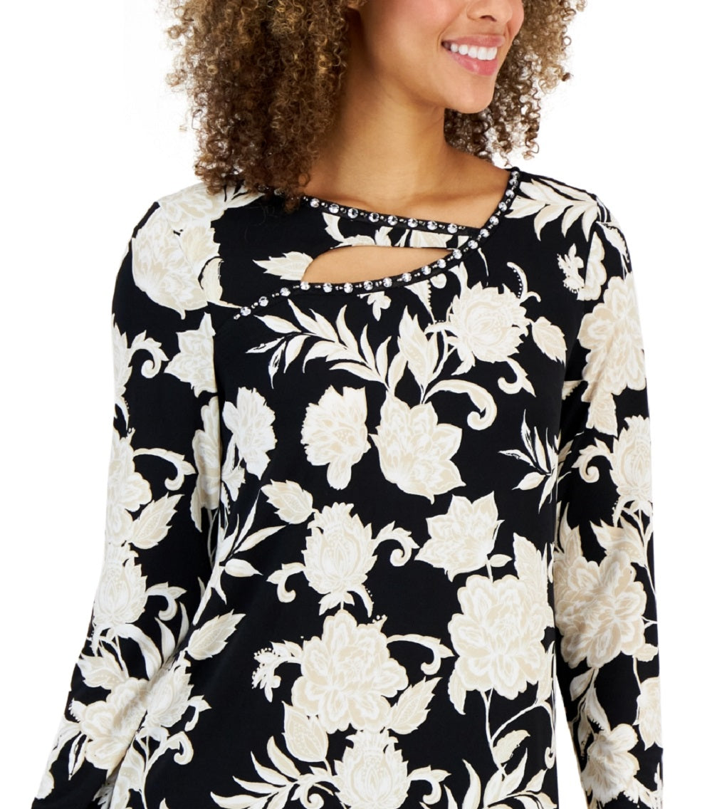 JM Collection Women's Elaborate Festive Embellished Cutout Top Black Size Petite Small