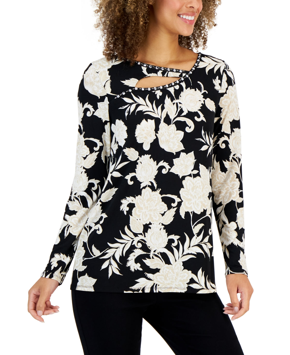 JM Collection Women's Elaborate Festive Embellished Cutout Top Black Size Petite Small