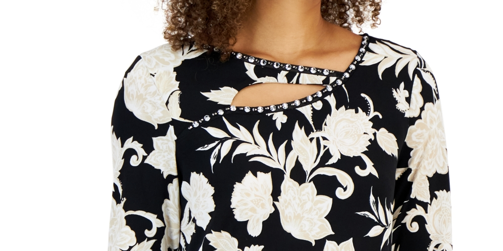 JM Collection Women's Elaborate Festive Embellished Cutout Top Black Size Petite Small