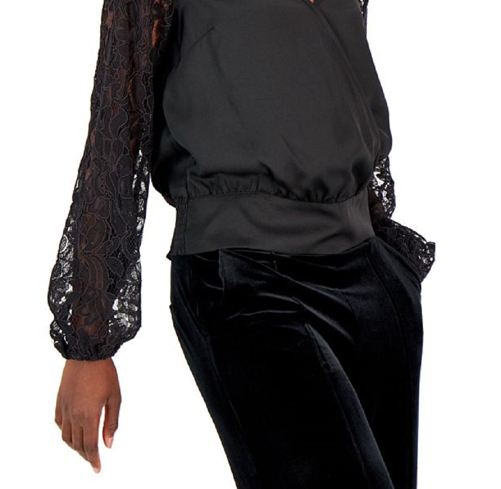 INC International Concepts Women's Lace Sleeve Blouse Black Size Large