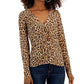 INC International Concepts Women's Animal Print Ruched Front V Neck Top Brown Size Small