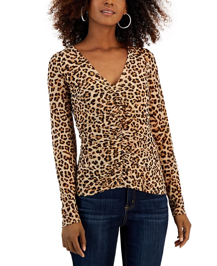 INC International Concepts Women's Animal Print Ruched Front V Neck Top Brown Size Small