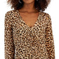 INC International Concepts Women's Animal Print Ruched Front V Neck Top Brown Size Small