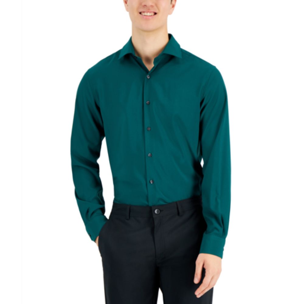 Alfani Men's Slim Fit 4 Way Stretch Solid Dress Shirt Green Size 14X32X33