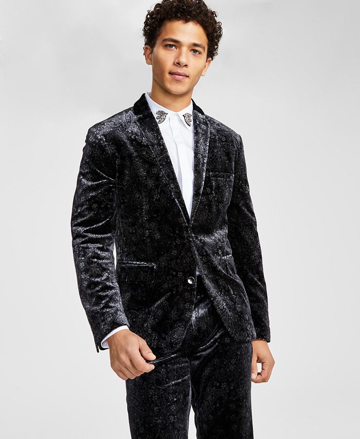 INC International Concepts Men's Slim Fit Paisley Velvet Suit Jacket Black Size XX-Large