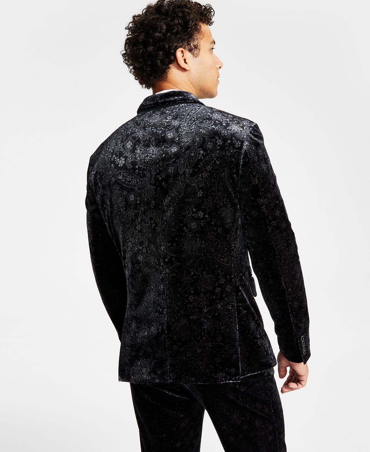 INC International Concepts Men's Slim Fit Paisley Velvet Suit Jacket Black Size XX-Large