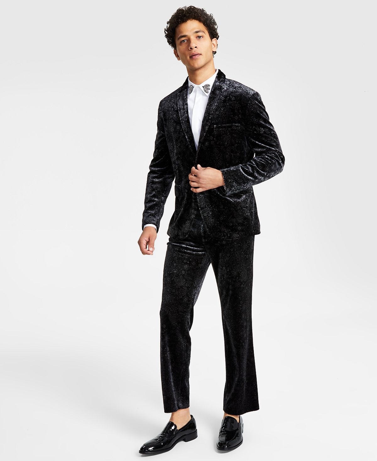 INC International Concepts Men's Slim Fit Paisley Velvet Suit Jacket Black Size XX-Large