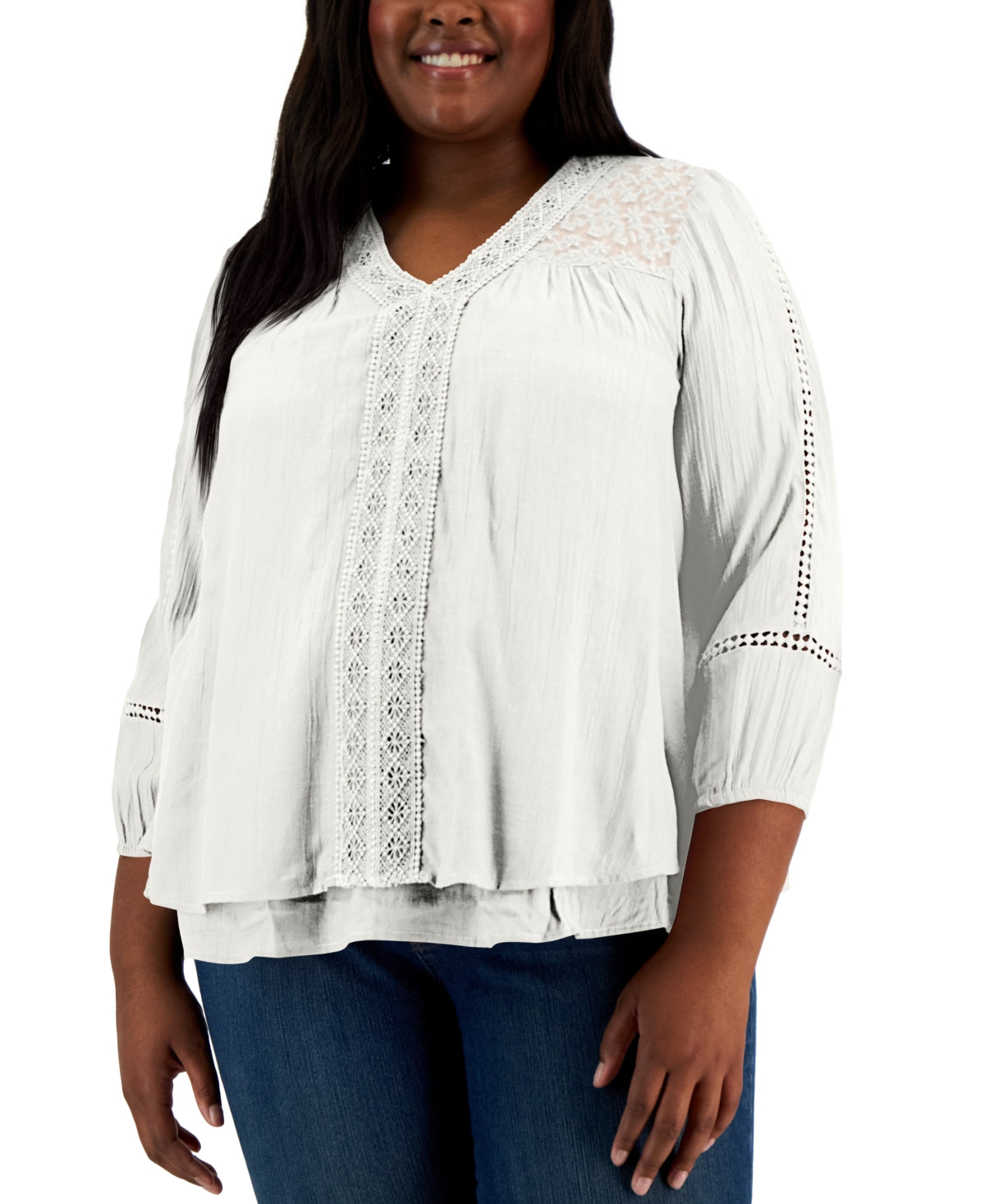 Style & Co Women's Lace Trim Long Sleeve Top White Size 1X