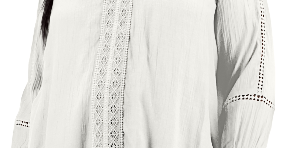 Style & Co Women's Lace Trim Long Sleeve Top White Size 1X