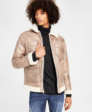 INC International Concepts Men's Flynn Fleece Trimmed Zip Front Jacket Brown Size XL