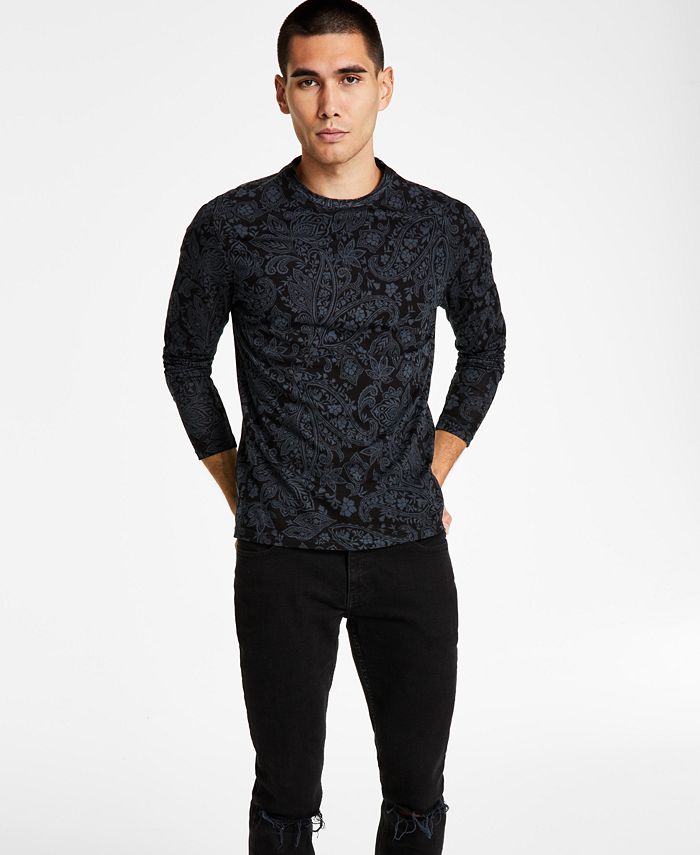 INC International Concepts Men's Classic Fit Paisley Long Sleeve T-Shirt Black Size Large