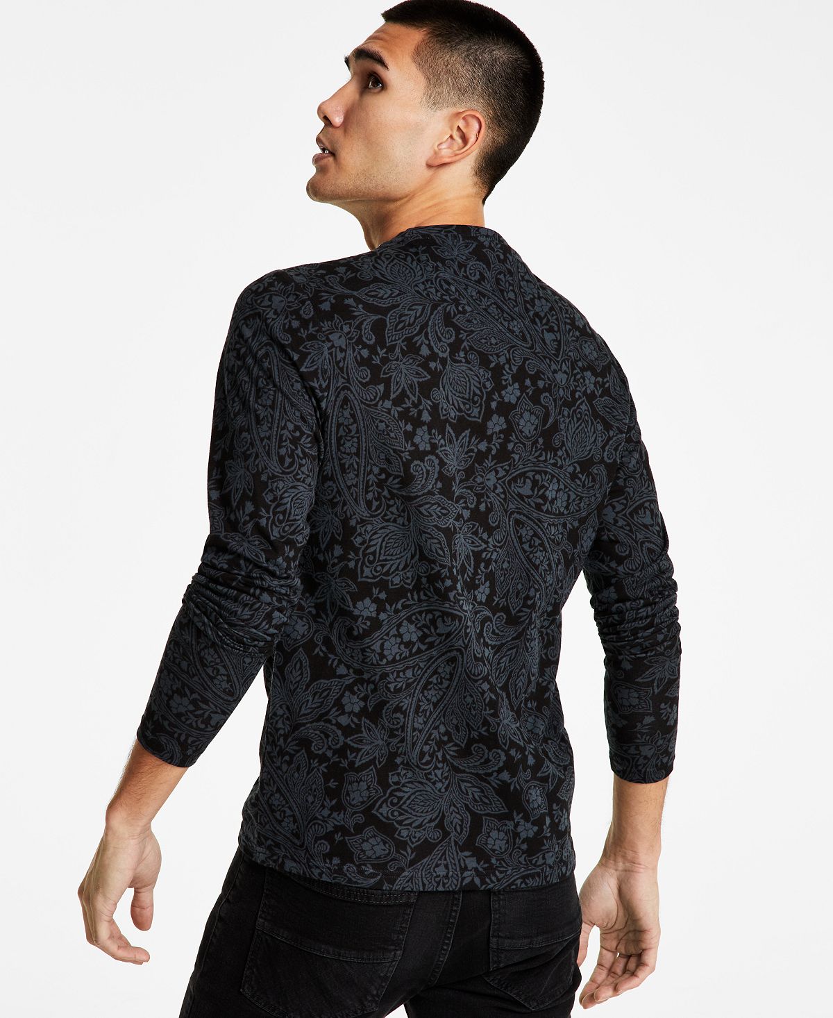 INC International Concepts Men's Classic Fit Paisley Long Sleeve T-Shirt Black Size Large