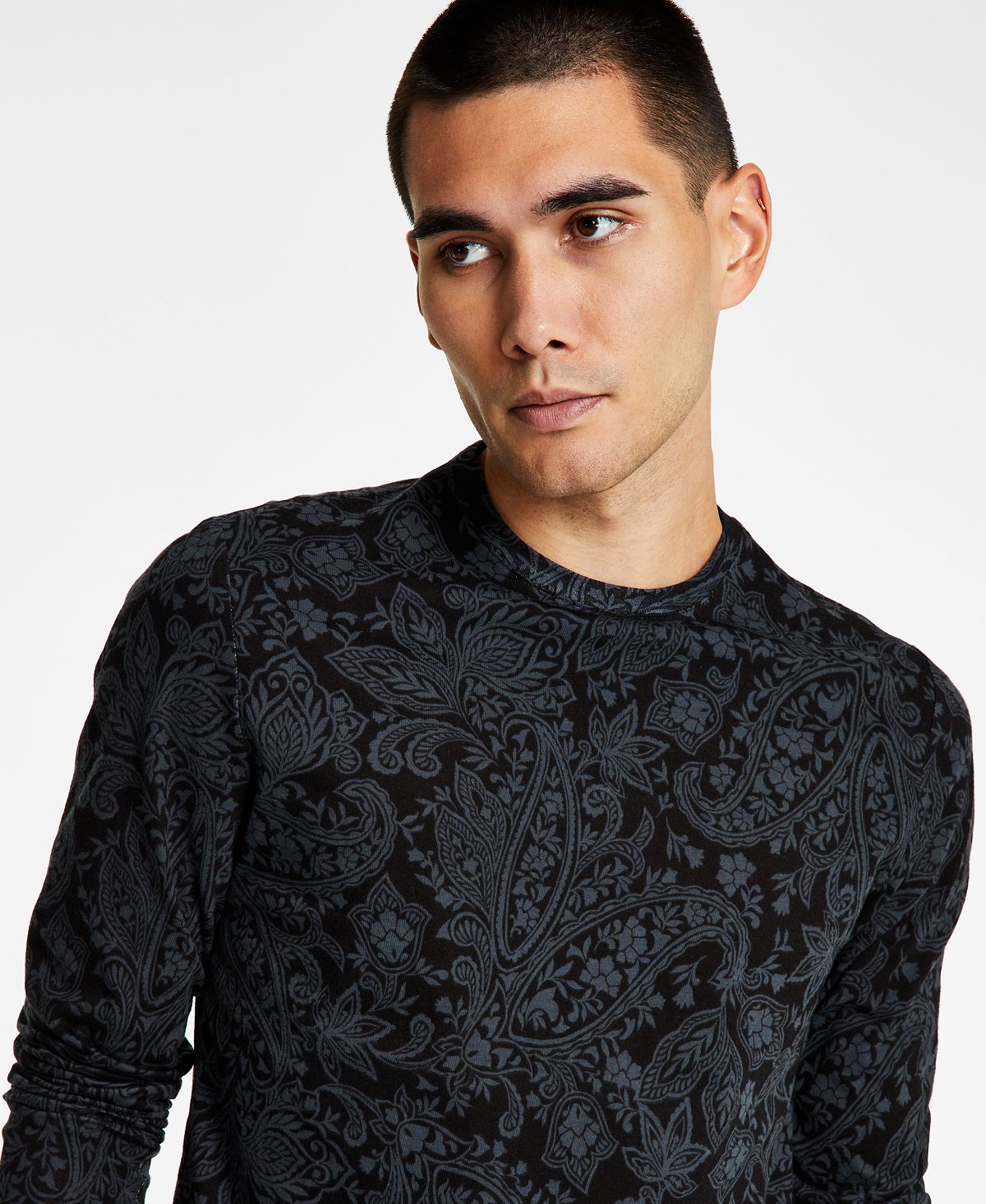 INC International Concepts Men's Classic Fit Paisley Long Sleeve T-Shirt Black Size Large