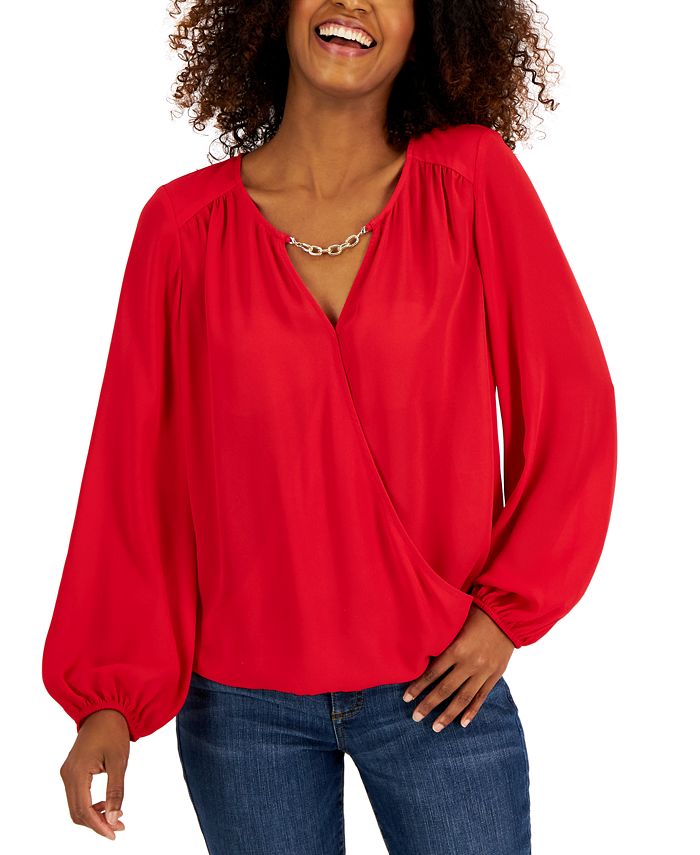 INC International Concepts Women's Hardware Trim Surplice Blouse Red Size Medium
