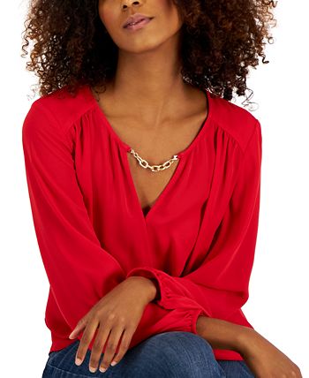 INC International Concepts Women's Hardware Trim Surplice Blouse Red Size Medium