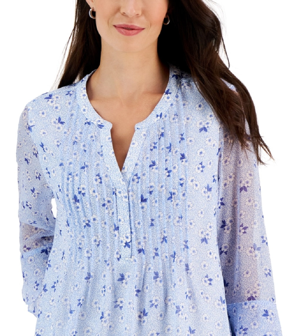 Charter Club Women's Print Pintuck Top Blue Size Large