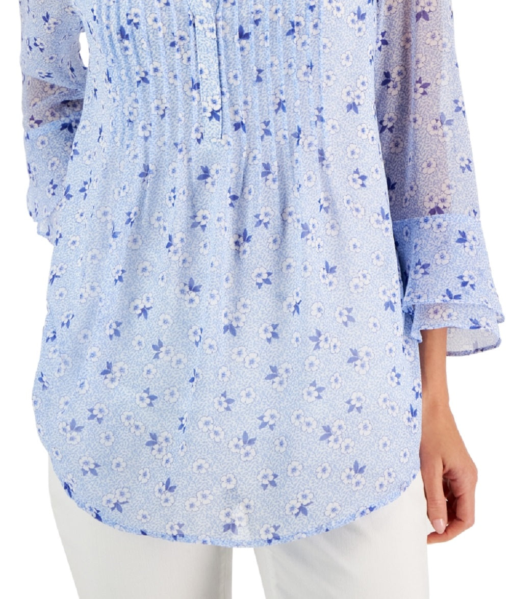 Charter Club Women's Print Pintuck Top Blue Size Large