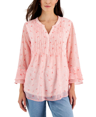 Charter Club Women's Floral Print Pintuck Top Red Size XX-Large