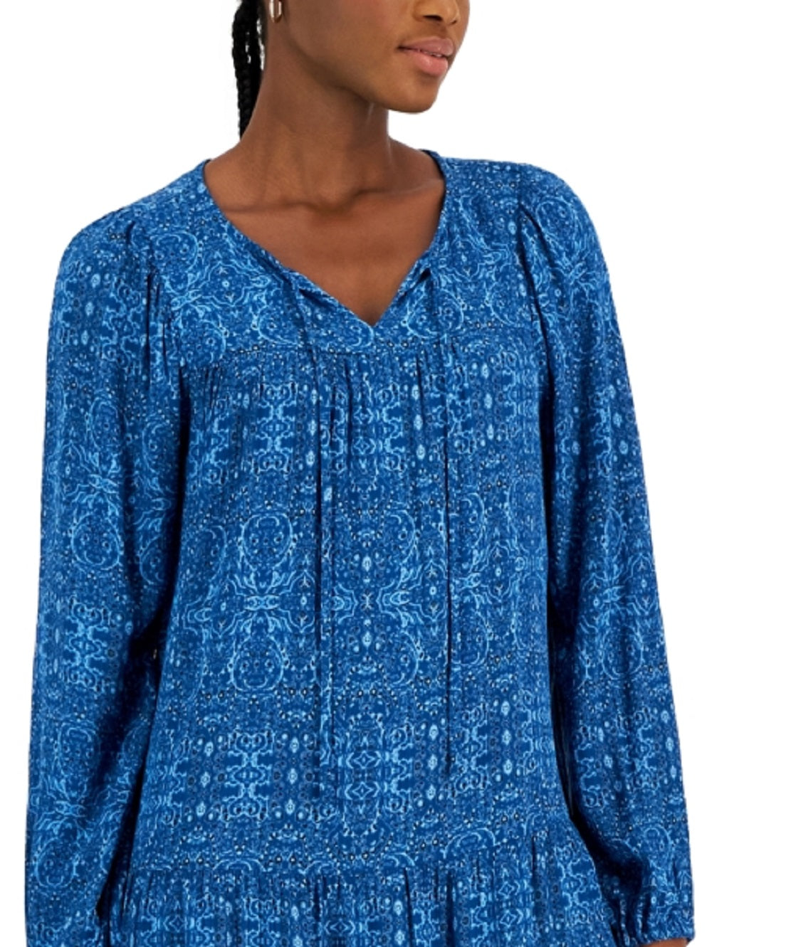 Style & Co Women's Printed V Neck Peasant Dress Blue Size Large