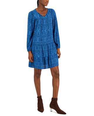 Style & Co Women's Printed V Neck Peasant Dress Blue Size Large