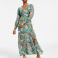 Bar III Women's Floral Chiffon Long-Sleeve Maxi Dress Green Size Petite Large