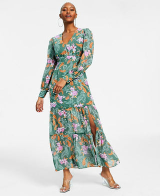 Bar III Women's Floral Chiffon Long-Sleeve Maxi Dress Green Size Petite Large
