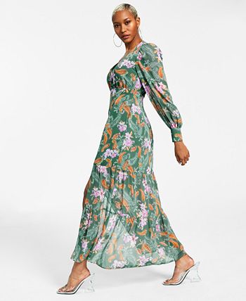 Bar III Women's Floral Chiffon Long-Sleeve Maxi Dress Green Size Petite Large