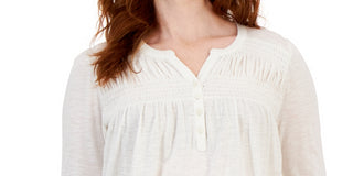 Style & Co Women's Knit Smocked Long Sleeve Top White Size Petite Medium