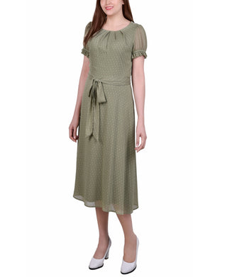 NY Collection Women's Short Sleeve Belted Swiss Dot Dress Green Size Petite Large