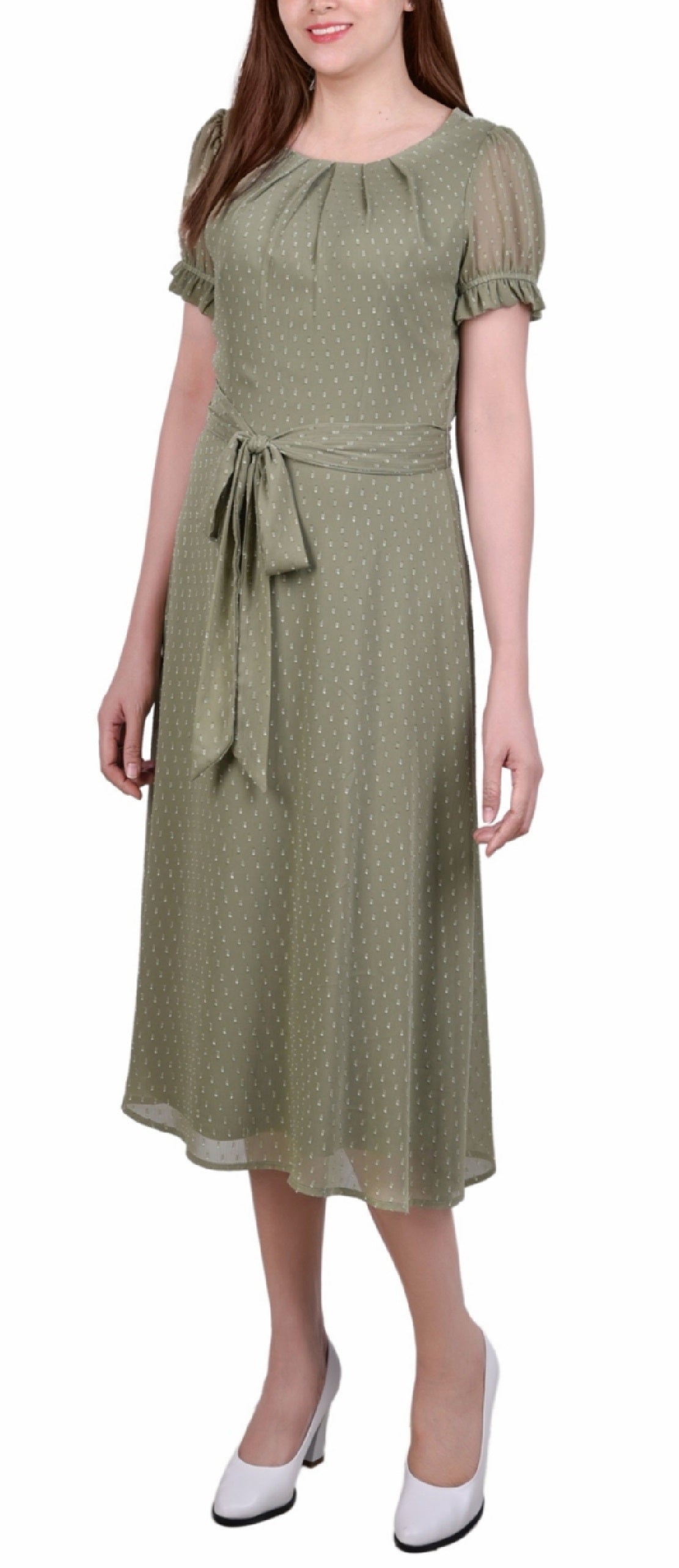 NY Collection Women's Short Sleeve Belted Swiss Dot Dress Green Size Petite X-Large