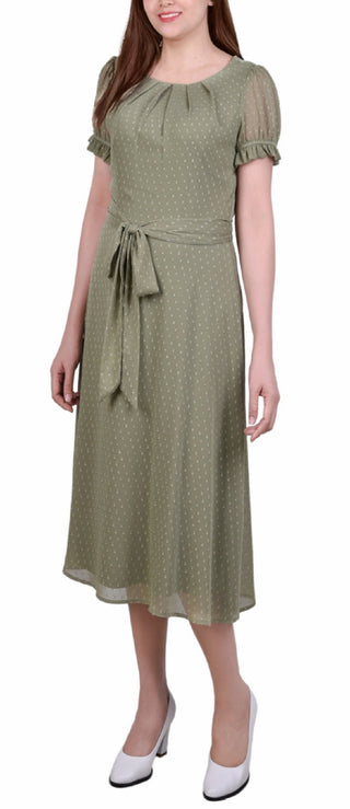 NY Collection Women's Short Sleeve Belted Swiss Dot Dress Green Size Petite X-Large
