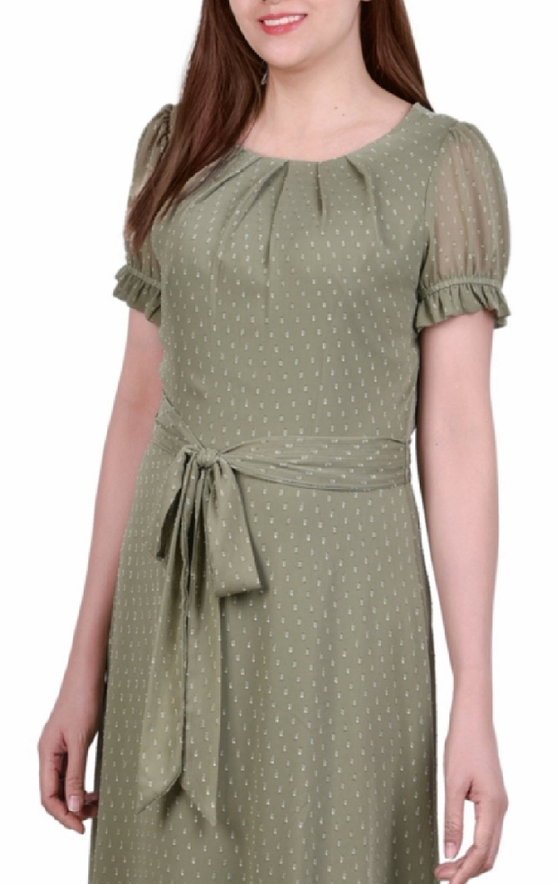 NY Collection Women's Short Sleeve Belted Swiss Dot Dress Green Size Petite X-Large