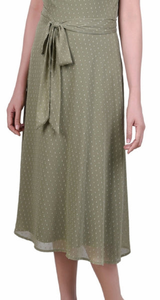 NY Collection Women's Short Sleeve Belted Swiss Dot Dress Green Size Petite X-Large
