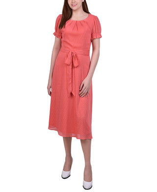 NY Collection Women's Short Sleeve Belted Swiss Dot Dress Orange Size Petite L